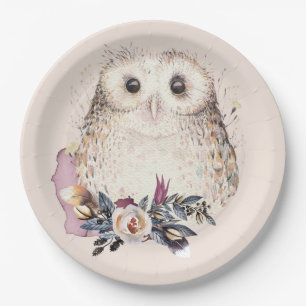 Chic-PastellBlumen-Eule TierBoho Illustration Pappteller