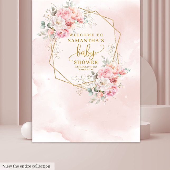 Chic pastellrosa Blütendusche Hintergrund Wandteppich (Chic pastel pink floral baby shower backdrop)