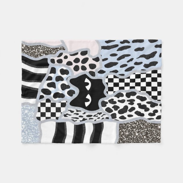 Chic Patchwork Verdächtige schwarze Katze Gingham  Fleecedecke (Vorderseite (Horizontal))