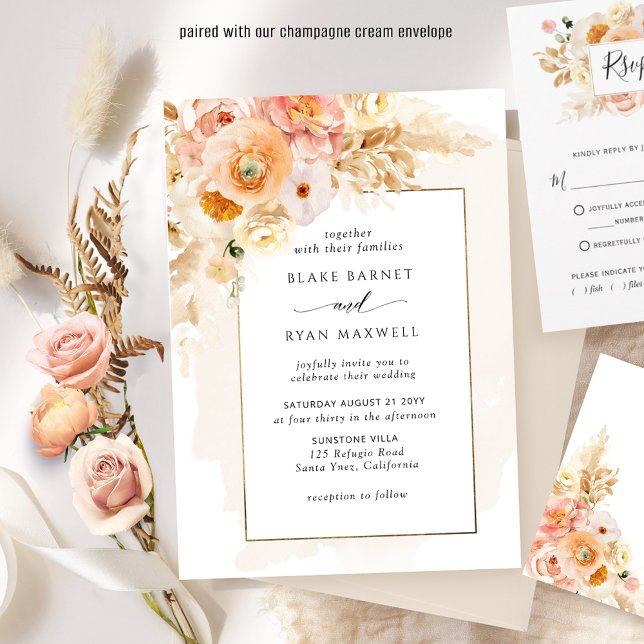 Chic Peach Blush and Champagne Floral Wedding Einladung (Von Creator hochgeladen)