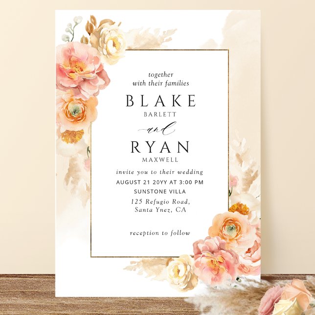 Chic Peach Blush Bloral, Cream Watercolor Hochzeit Einladung (Von Creator hochgeladen)