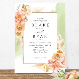 Chic Peach Blush Bloral, Green Watercolor Wedding Einladung
