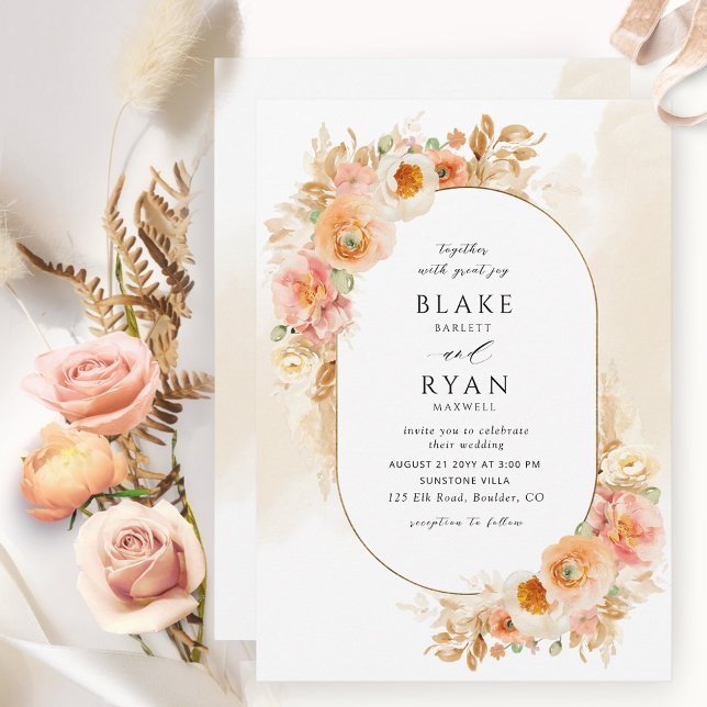 Chic Peach Blush Cream and Champagne Oval Wedding Einladung (Von Creator hochgeladen)