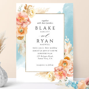 Chic Peach Blush Floral, Aqua Wassercolor Hochzeit Einladung