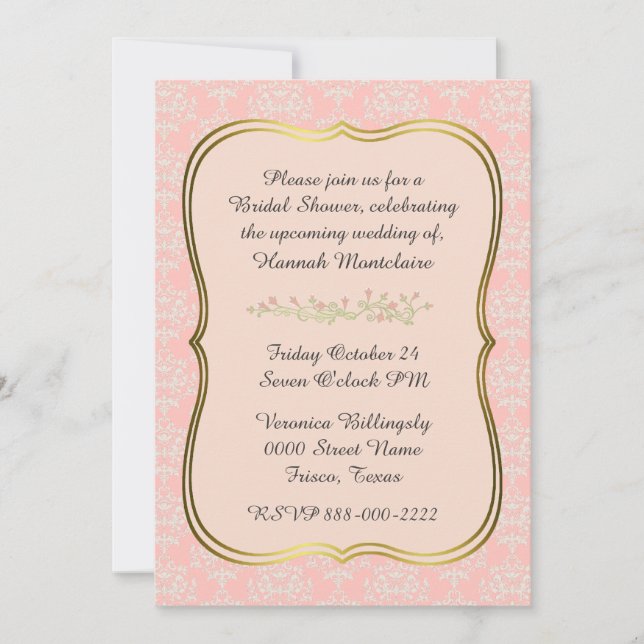 Chic Peach Damask Bridal Dusche Einladung (Vorderseite)