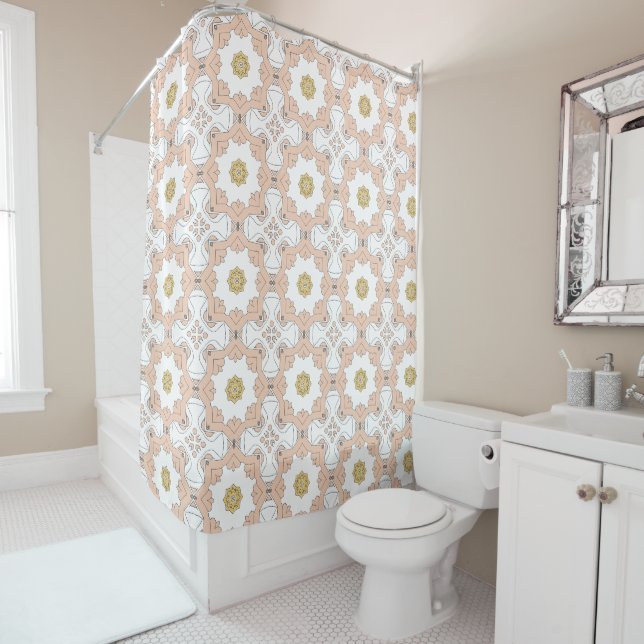 Chic Peach et White Motif Shotain rideau (En situation)