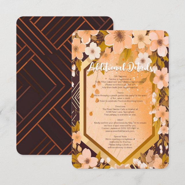 Chic Peach Floral Champagne Brautparty Party Begleitkarte (Vorne/Hinten)