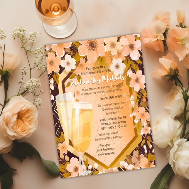Chic Peach Floral Champagne Brautparty Party Einladung (Von Creator hochgeladen)