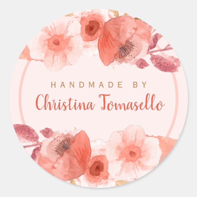 Chic Peach Golden Floral Handmade by Personalisier Runder Aufkleber (Vorderseite)