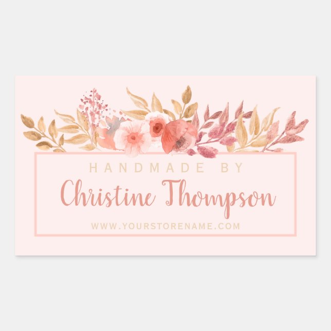 Chic Peach Golden Floral Handmade by Rechteckiger Aufkleber (Vorderseite)