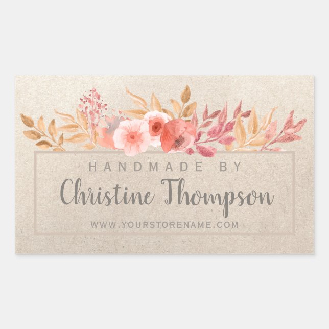 Chic Peach Golden Floral Handmade by Rechteckiger Aufkleber (Vorderseite)