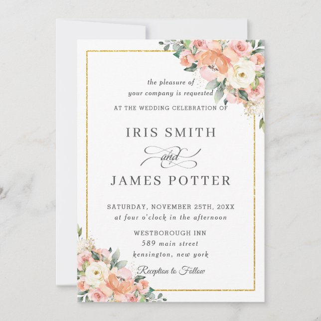Chic Peach Ivory Blush Floral Gold Hochzeit Einladung (Vorderseite)