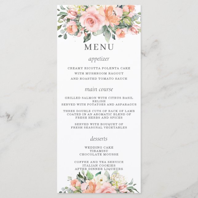 Chic Peach Ivory Pink Floral Wedding Menü Programm (Vorderseite)