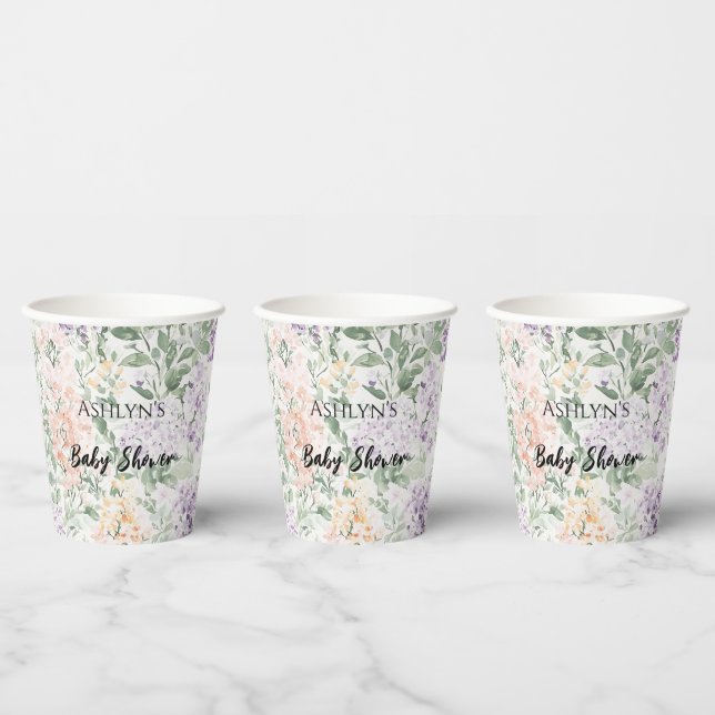 Chic Peach Lilac Lavender Floral Baby Dusche Pappbecher (Multi)