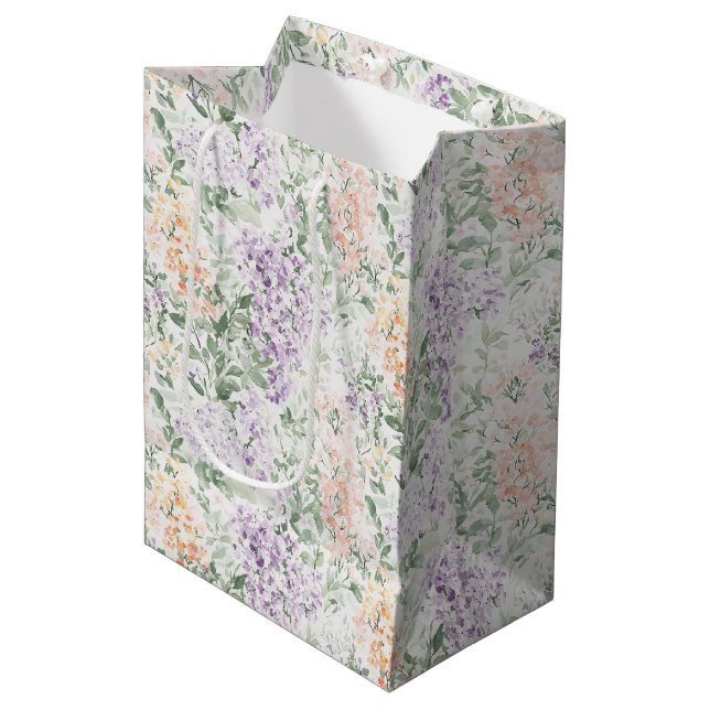 Chic Peach Lilac Lavender Floral Brautparty Mittlere Geschenktüte (Vorderseite Schrägansicht)