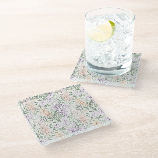 Chic Peach Lilac Lavender Floral Glasuntersetzer (Schrägansicht)