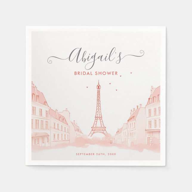 Chic Peach Pink Foto Eiffelturm Brautparty Serviette (Vorderseite)