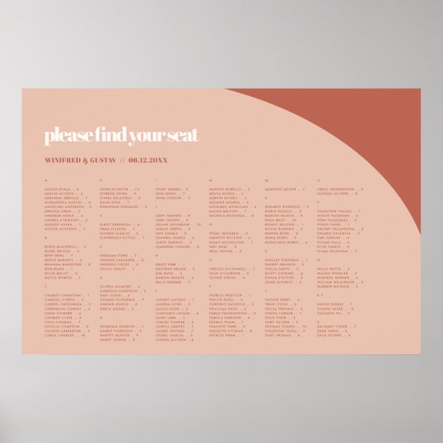 Chic peach terracotta Alphabetische Sitzkarte Poster (Vorne)