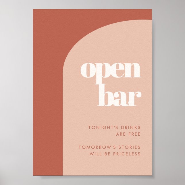 Chic peach terracotta arch wedding Open Bar sign Poster (Vorne)