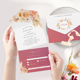 Chic Peach und Burgund Blumenhochzeit mit UAWG A All In One Einladung