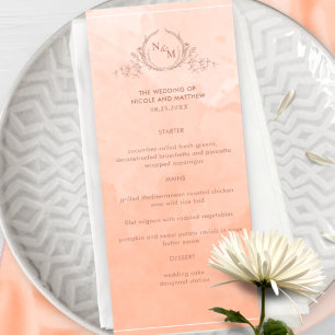Chic Peach Watercolor, Monogram Wedding Menu Menükarte