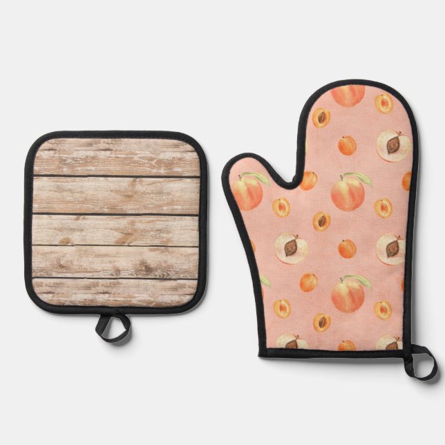 Chic Peach Wood Pattern Ofenhandschuh & Topflappen-Set (Vorderseite)