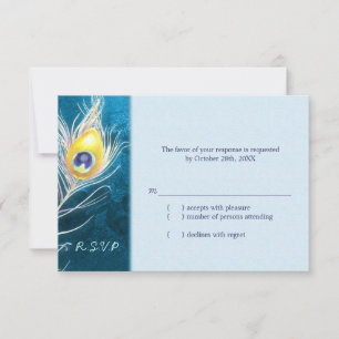 Chic Peacock Feather Blue Wedding RSVP Karte