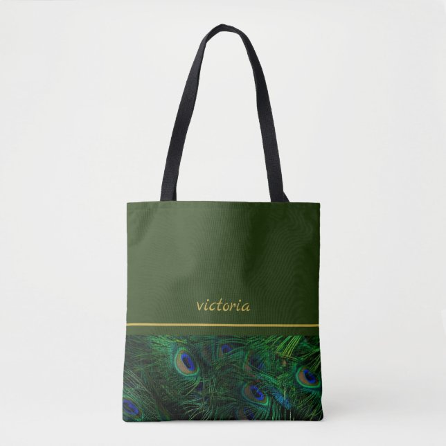 Chic Peacock Feathers Mit Monogramm Tasche (Vorderseite)