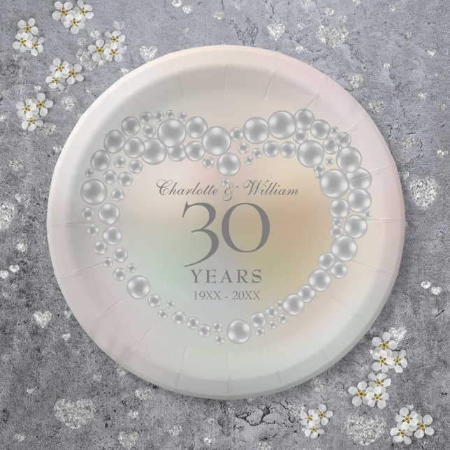 Chic Pearl Heart 30. Hochzeitstag Pappteller (Chic Pearl Heart 30th Wedding Anniversary Paper Plates)