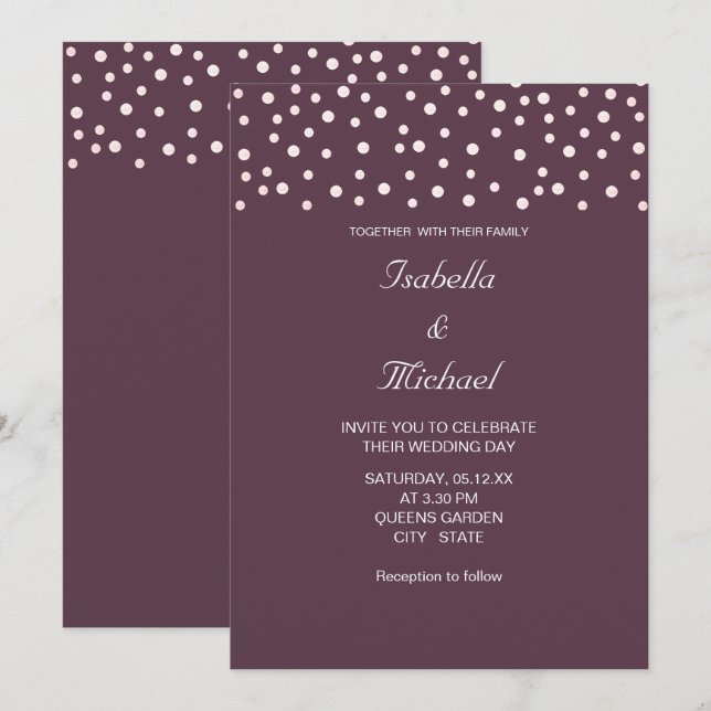 Chic Pearls & Calligraphy on Cassis Lila Wedding Einladung (Vorne/Hinten)