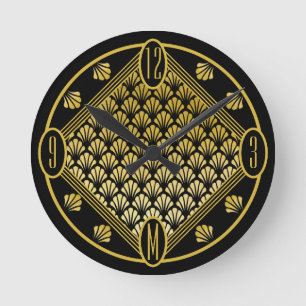 Chic Personalisiert Art Deco Lüftermuster Monogra Runde Wanduhr
