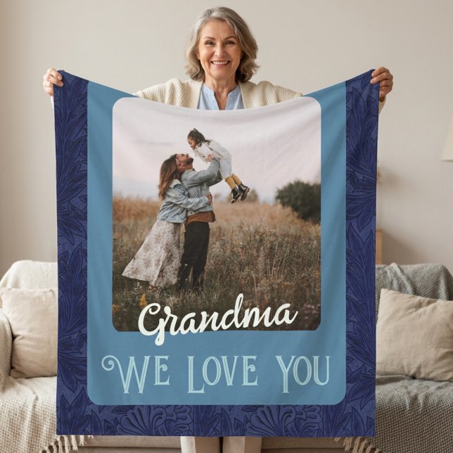 Chic Personalisiert Foto Text Oma Geschenk Blau Fleecedecke (Chic Personalized Photo Text Grandma Gift Blue Fleece Blanket)