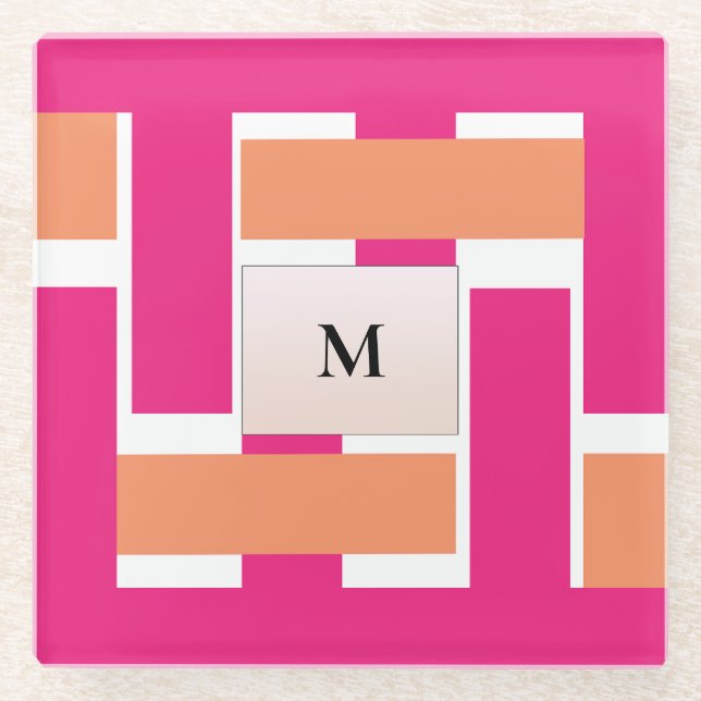 Chic Personalisiert Monogram Feminine Stripmuster Glasuntersetzer (Vorderseite)