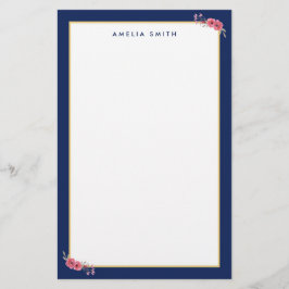 Chic Personalisiert Name Blue Border Pink Blume Briefpapier