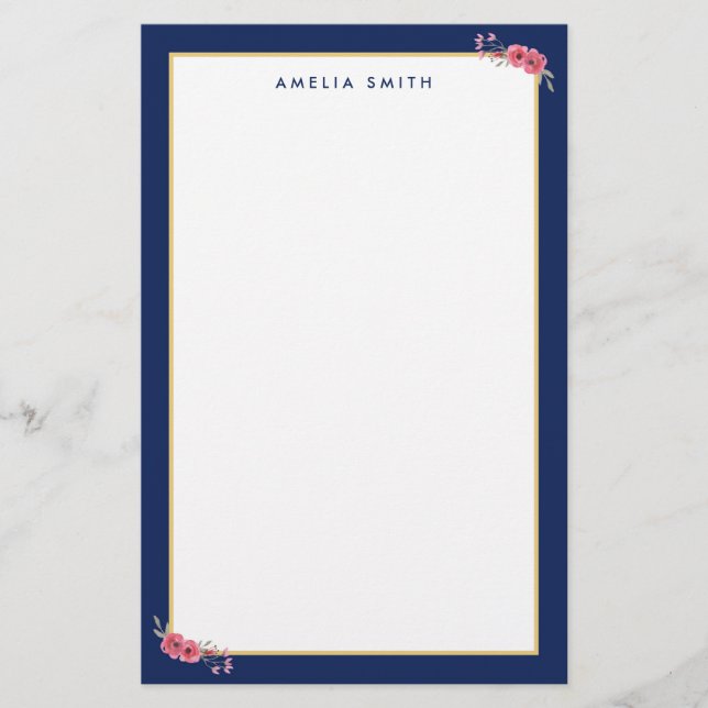 Chic Personalisiert Name Blue Border Pink Blume Briefpapier (Vorderseite)