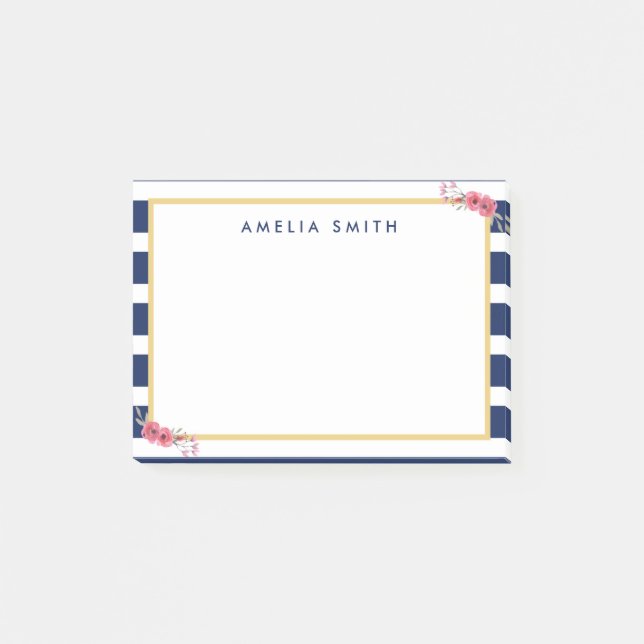 Chic Personalisiert Name Blue Stripes Rosa Blume Post-it Klebezettel (Vorderseite)