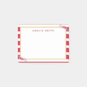 Chic Personalisiert Name Rosa Streifen Rosa Blume Post-it Klebezettel