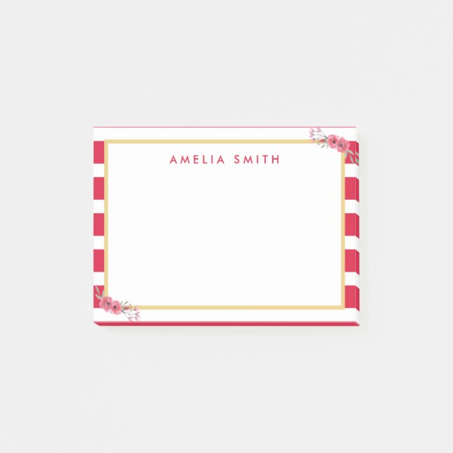 Chic Personalisiert Name Rosa Streifen Rosa Blume Post-it Klebezettel (Vorderseite)