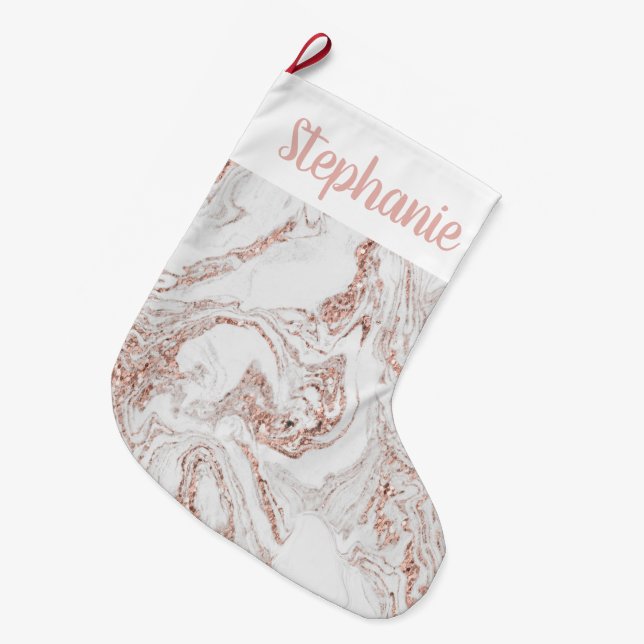 Chic Personalisiert Rose Gold Imitate Marmor Großer Weihnachtsstrumpf (Vorderansicht (hängend))