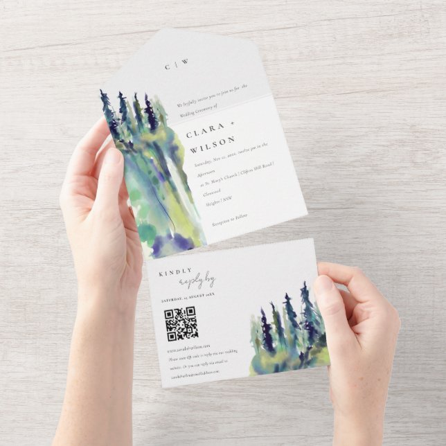 Chic Pine Tree Mountain Landschaft Hochzeit QR Cod All In One Einladung (Abreißen)
