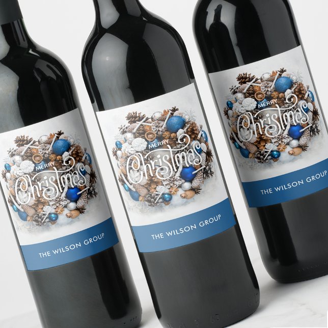 Chic Pine Wreath Weihnachtsgeschenk Weinetikett (Pine Christmas wreath business gift personalized wine bottle labels)