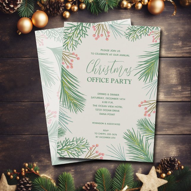 Chic Pines and Berries Christmas Party Einladung (Chic pine branches and berries Christmas party invitations)