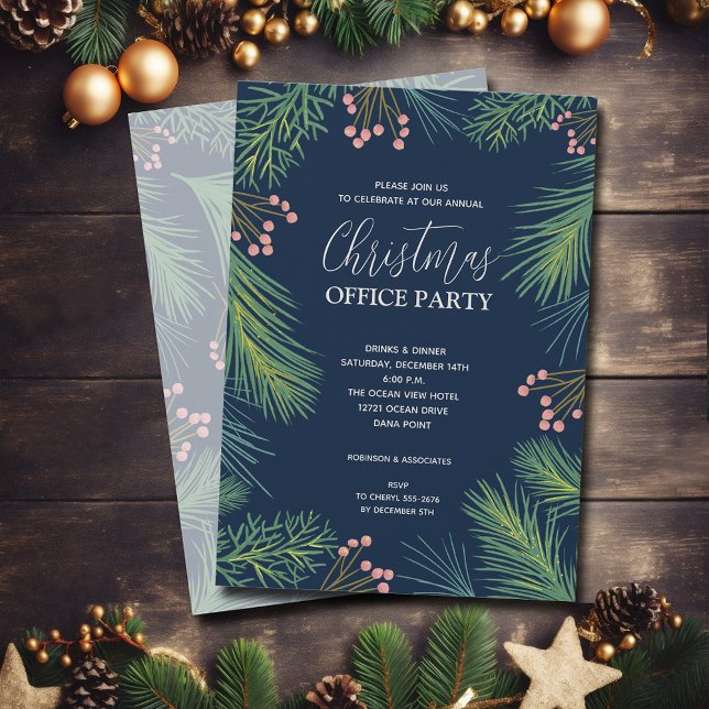 Chic Pines and Berries Christmas Party Einladung (Chic pine branches and berries Christmas party invitations)