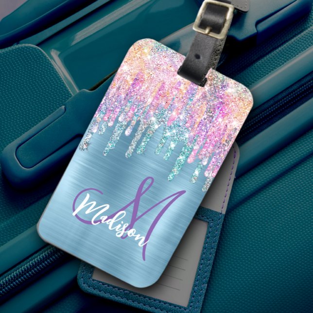 Chic pink aqua unicorp dripping Glitzer monogram Gepäckanhänger (Von Creator hochgeladen)