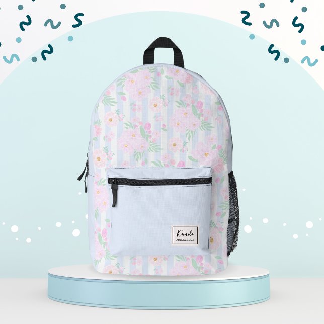 Chic Pink Aquarell Blumen & Streifen Mit Monogramm Bedruckter Rucksack (Von Creator hochgeladen)