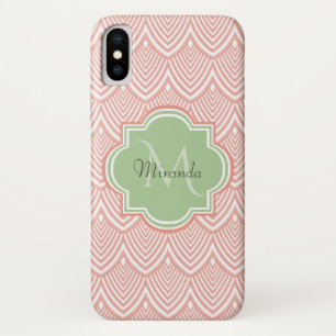 Chic Pink Arched Scallops Soft Green Monogram Name iPhone X Hülle