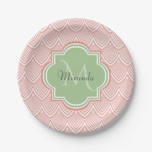 Chic Pink Arched Scallops Soft Green Monogram Name Pappteller