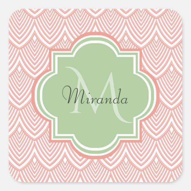 Chic Pink Arched Scallops Soft Green Monogram Name Quadratischer Aufkleber (Vorderseite)
