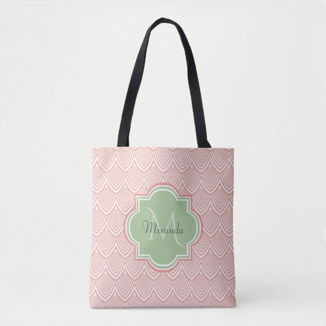 Chic Pink Arched Scallops Soft Green Monogram Name Tasche (Vorderseite)