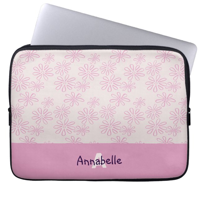 Chic Pink auf Blush Blume Doodle Muster & Name Laptopschutzhülle (Vorderseite)